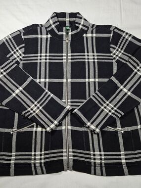 Lauren Ralph Lauren Women’s Black & White Plaid Jacket Sweater Full Zip Size 2XL